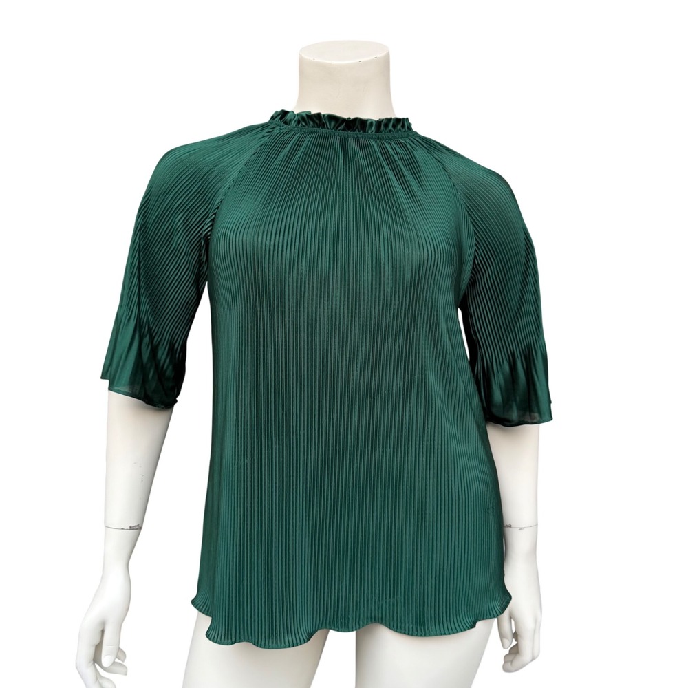 Plisse Blouse Ruffle High Neck Emerald Green Elegant Pleated Top Quiet Luxury L